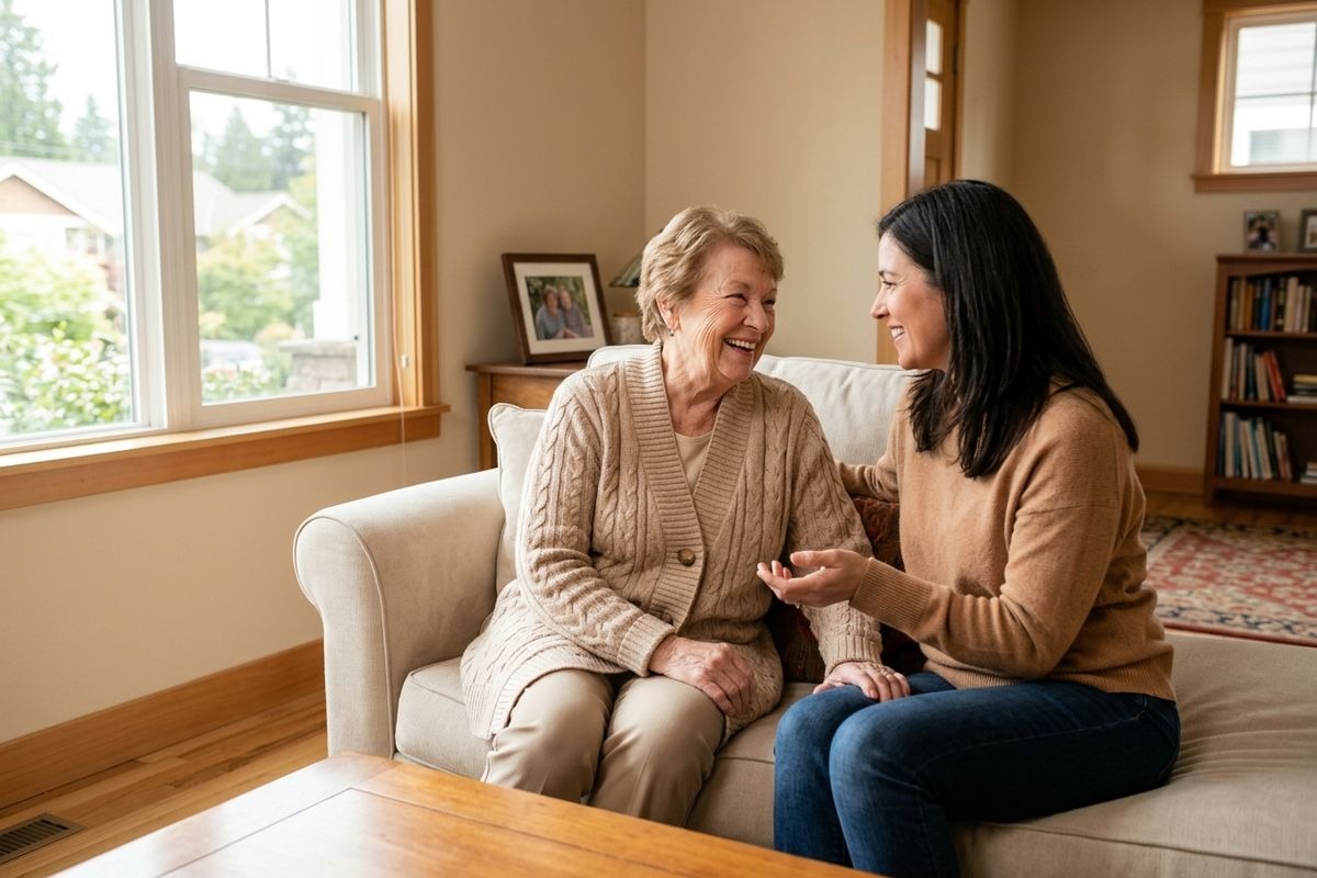 Older adult and younger adult sit together on a couch, laughing and talking in a sunlit living room.