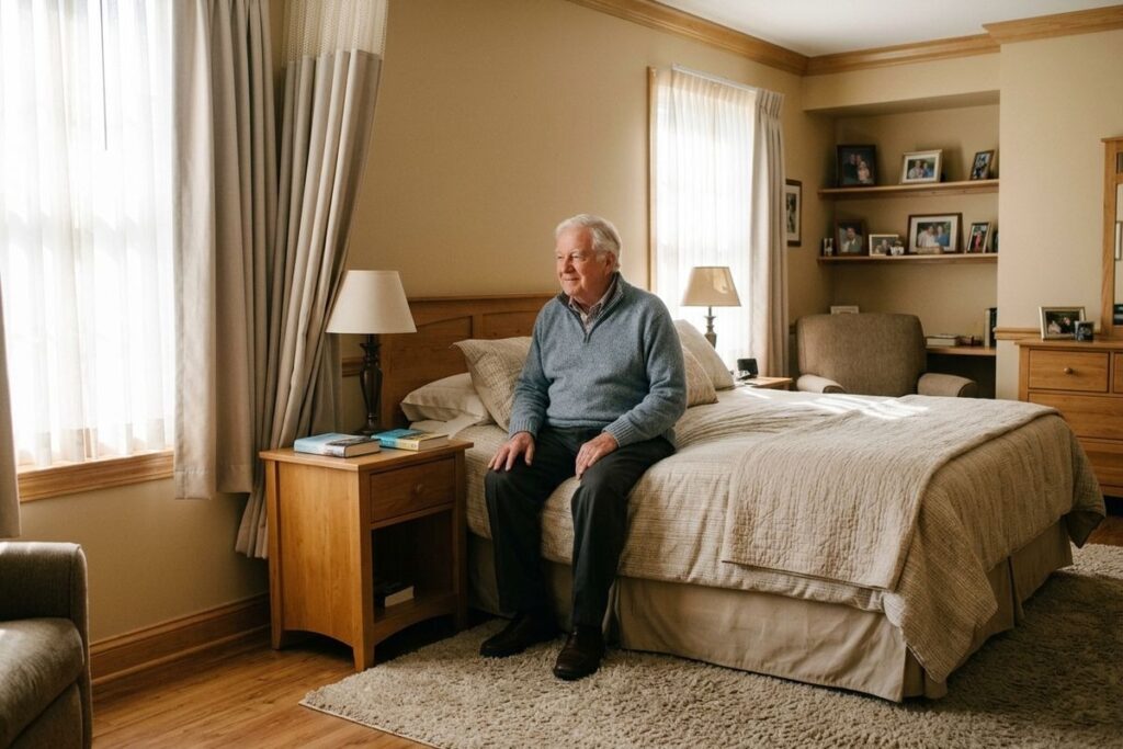 Older adult sitting on the edge of a bed in a sunlit bedroom, smiling and looking toward the window.