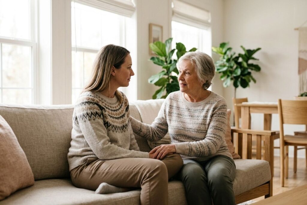 Younger and older adults sitting together on a sofa, holding hands and talking face to face in a bright living room.