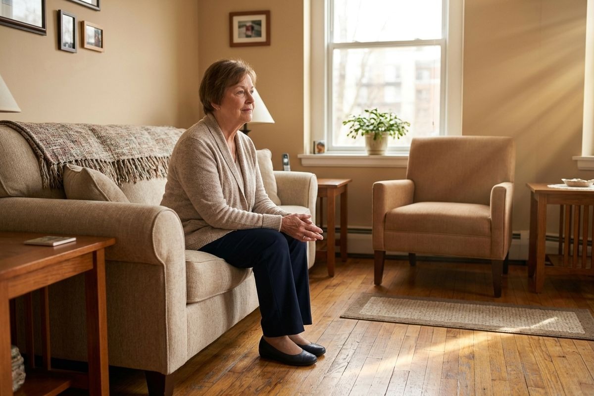 Older adult sitting on a sofa with hands clasped, gazing toward a sunlit window in a living room.