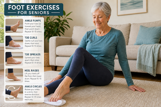 Foot Exercises for Seniors infographic: older adult sitting barefoot on the floor; panels show ankle pumps, toe curls, toe spreads, heel raises, ankle circles.