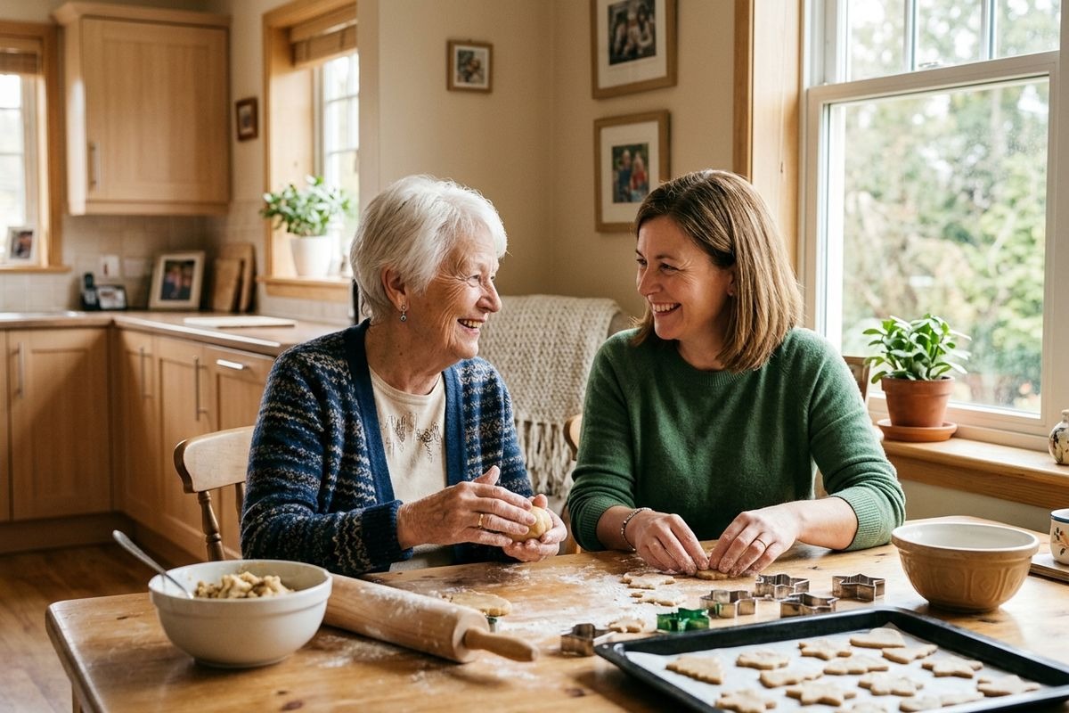 Two adults smile at each other while making cookies at a kitchen table with dough, cutters, and a rolling pin.