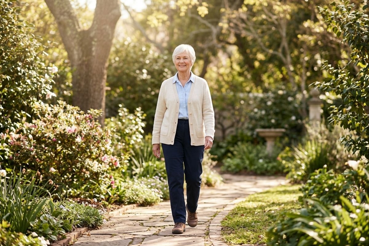 An older adult in a cardigan walking along a stone garden path, smiling, surrounded by flowering shrubs and trees.