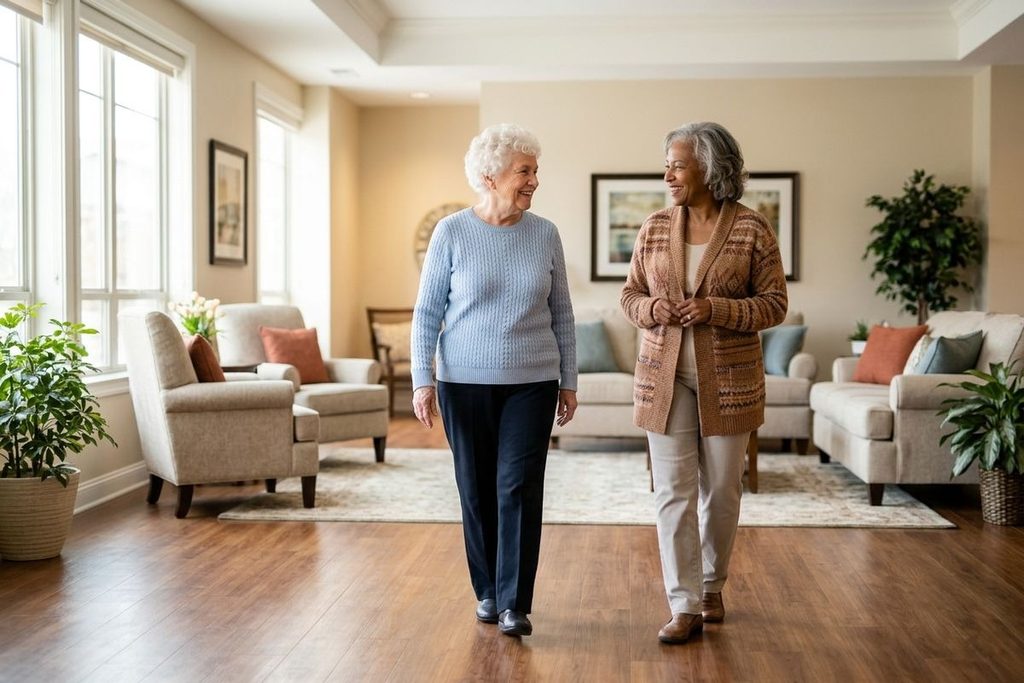 Two older adults walk side by side and smile at each other in a bright living room with sofas and plants.
